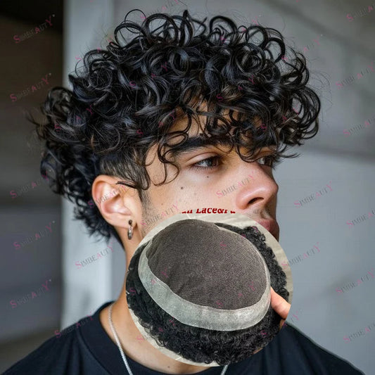 Prótesis Capilar de Hombre con Cabello Humano Natural (Rubio y Negro) - Base de Encaje Francés Transpirable y Borde de PU